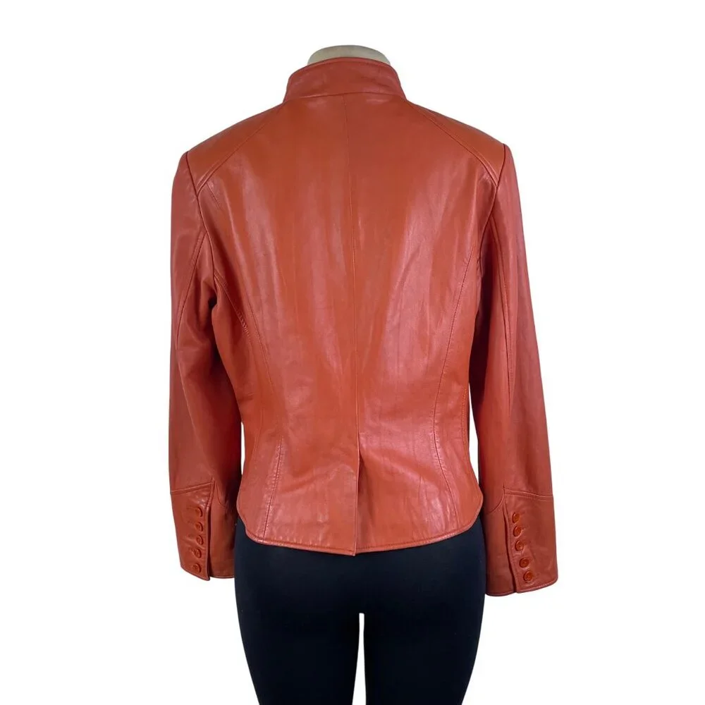 Cache Women's Orange Faux Leather Button-Front Jacket Stylish Fit - Picture 2 of 11